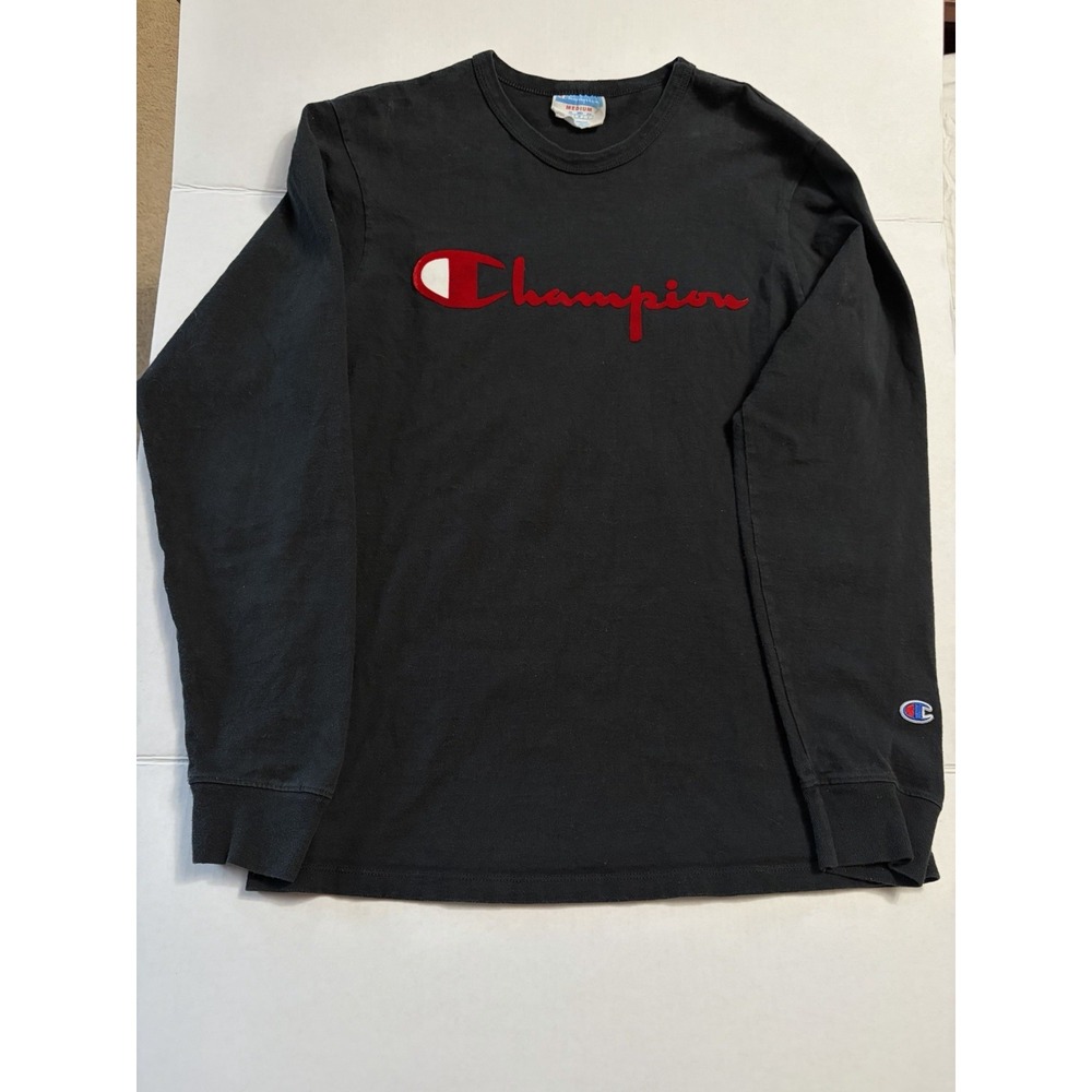 Vintage Champion Long Sleeve Black T-Shirt Velvet Logo Size Med Y2K Made In USA